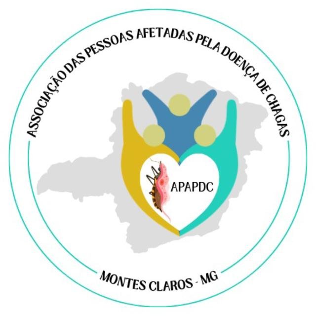 Logo da Associação de Pessoas Afetadas pela Doença de Chagas de Montes Claros, com três figuras humanas formando um coração sobre o mapa de Minas Gerais
