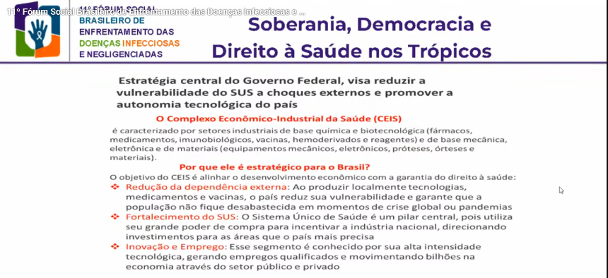 Palestrantes da Mesa 1, Produzir para Cuidar: Autonomia Tecnológica, Inovação e Direito à Saúde, no 11º Fórum