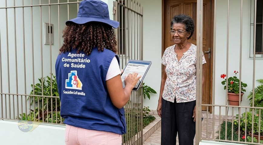 Agente comunitária de saúde conversando com moradora na porta de casa durante visita domiciliar