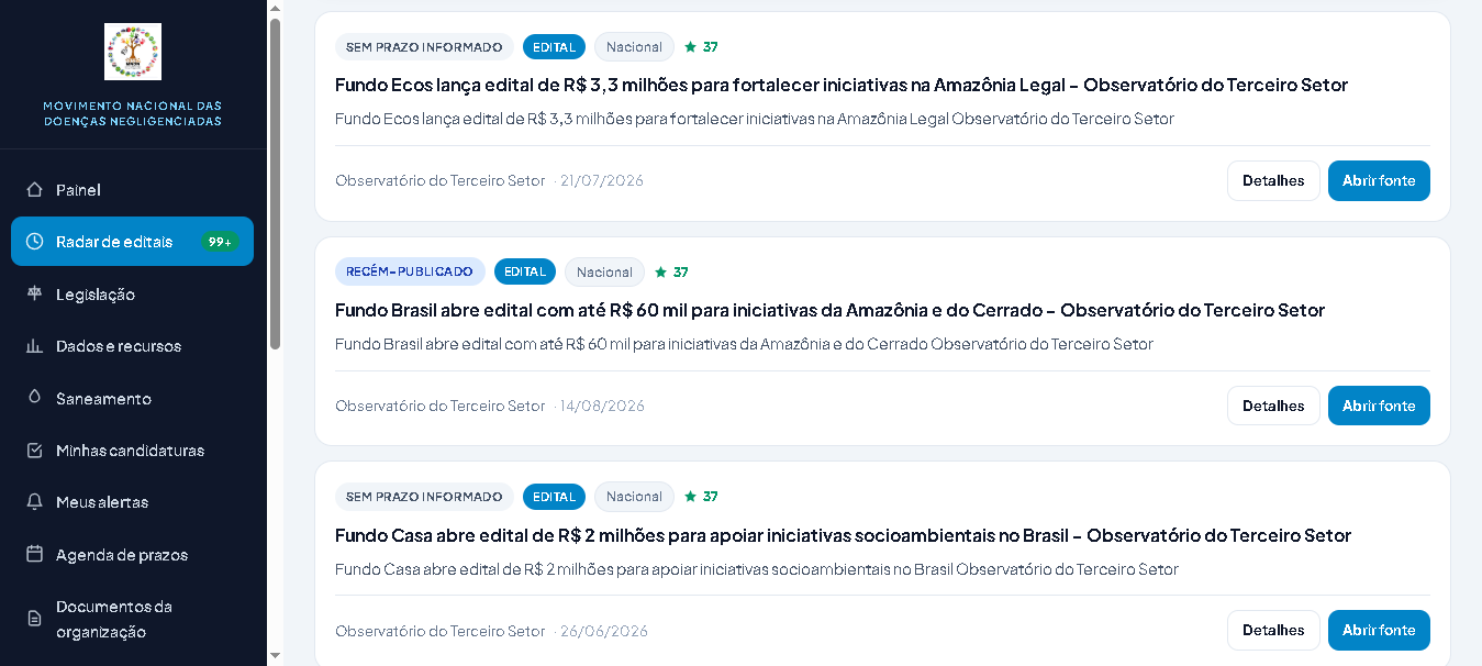 Tela do painel do MNDN Conecta, mostrando o radar de editais, a agenda de prazos e os indicadores da rede