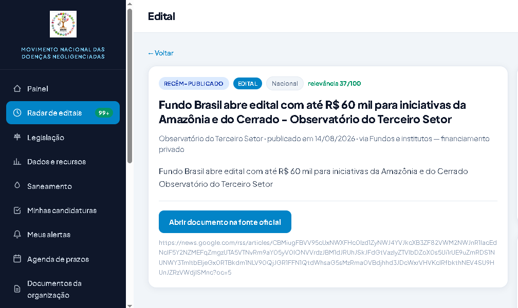 Tela do radar de editais do MNDN Conecta, com filtros por tipo, estado e prazo